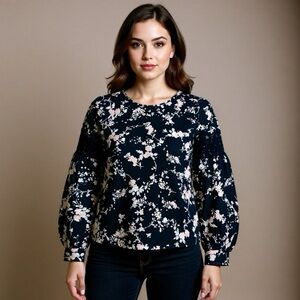 Karl Lagerfeld Blouse Top Floral Black Balloon Sleeve Crochet Lace Pearl Size Sm